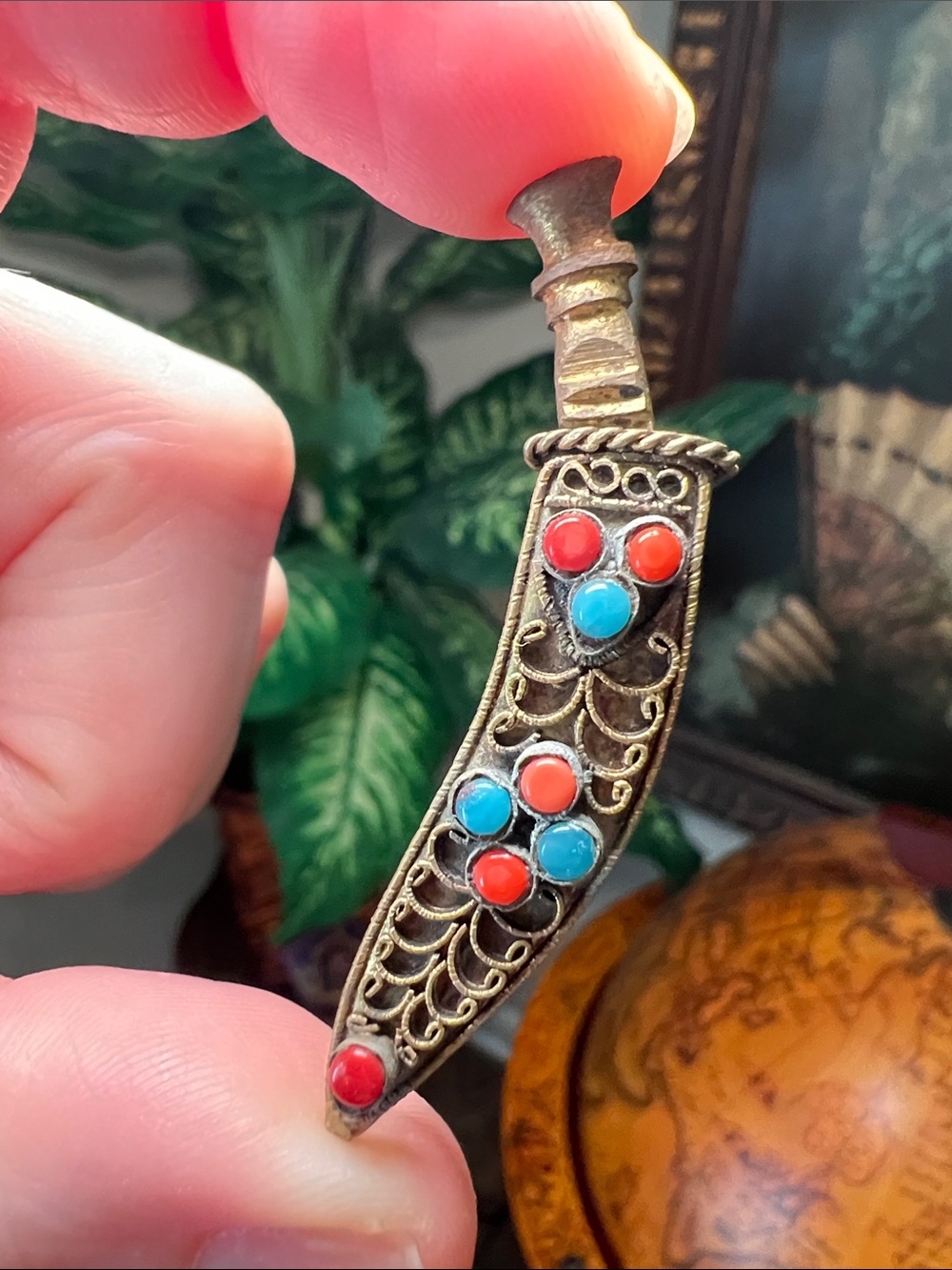 Vintage Antique Ornate Brass Filigree Tiny Dagger Sword Sheath Kukri Brooch Pin
